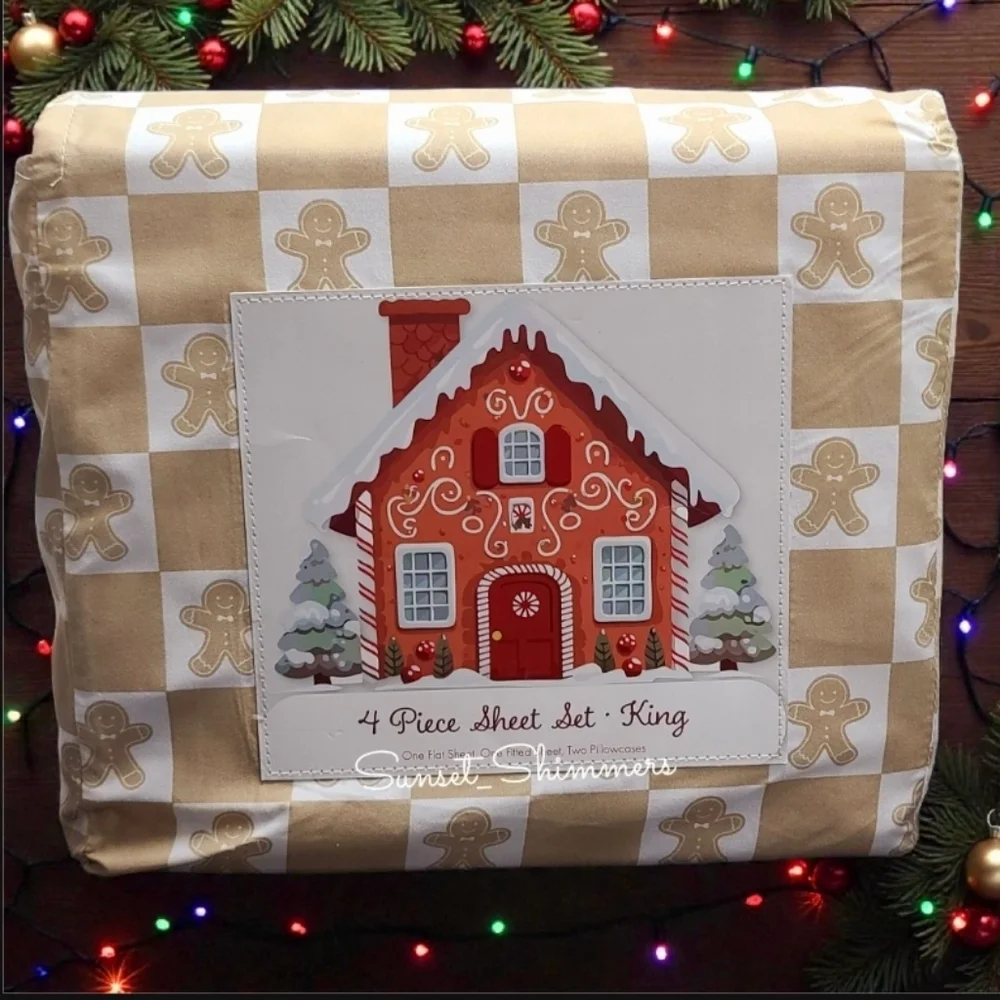 4pc Christmas Checkered Gingerbread Cookie King Bed Sheet Set NEW